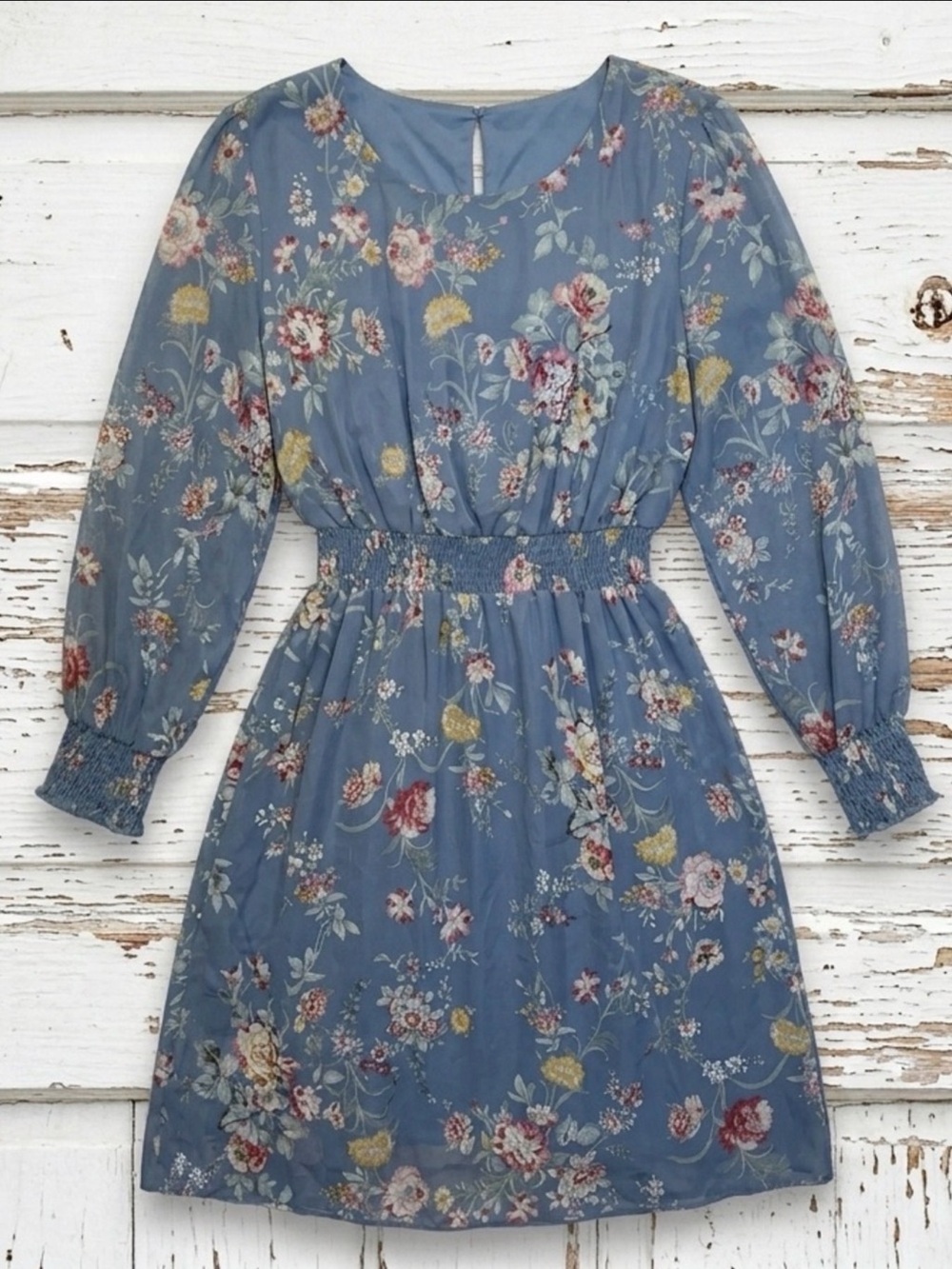 Stella and Julie Floral Smocked Long Bishop Sleeve A-Line Mini Dress Blue 12